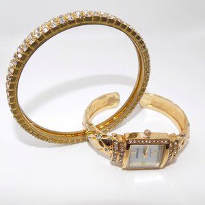 3 Pc Rhinestones & Gold Watch,Bangle, Earrings Set